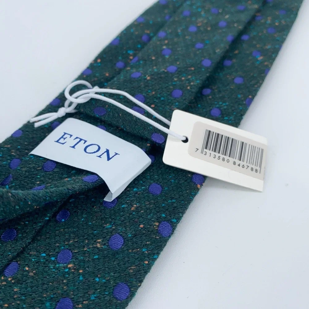 Eton Tie Men One Size Green Blue Polka Dot Silk Luxury Necktie Italy Made